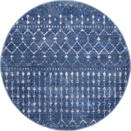 Isolated view of Dark Blue Round Moroccan Trellis Rug, showcasing its design
