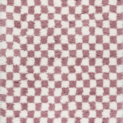 Isolated view of Pink Rectangle Bettie Retro Checkered Shag Rug, showcasing its design