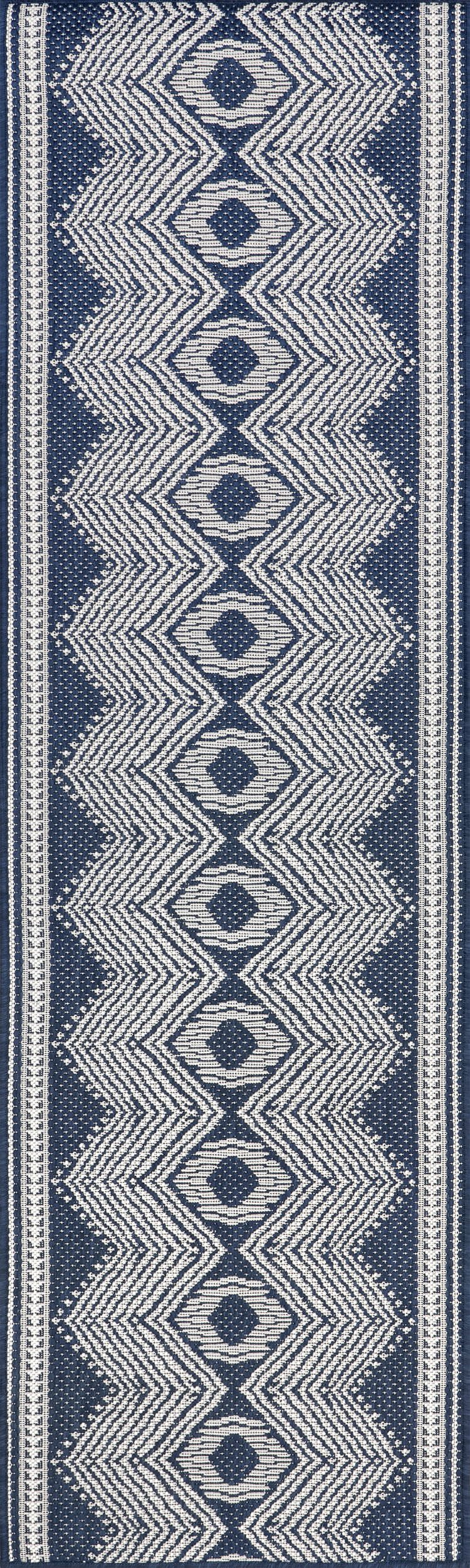 0915188d35f84baf8006b0c414706140f5cb7491 Isolated view of Navy Runner Iris Totem Indoor/Outdoor Flatweave Rug, showcasing its design