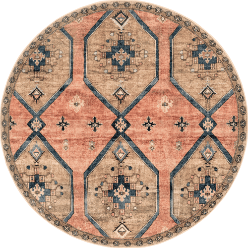 Isolated view of Rust Round Katana Collage Washable Rug, showcasing its design
