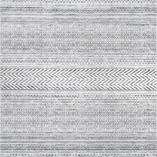 Isolated view of Grey Square Tribal Banded Spill Proof Washable Rug, showcasing its design