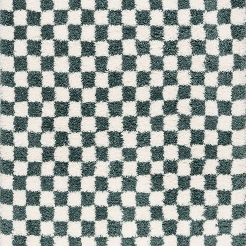 Isolated view of Green Rectangle Bettie Retro Checkered Shag Rug, showcasing its design