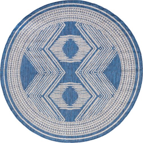 Isolated view of Blue Round Iris Totem Indoor/Outdoor Flatweave Rug, showcasing its design