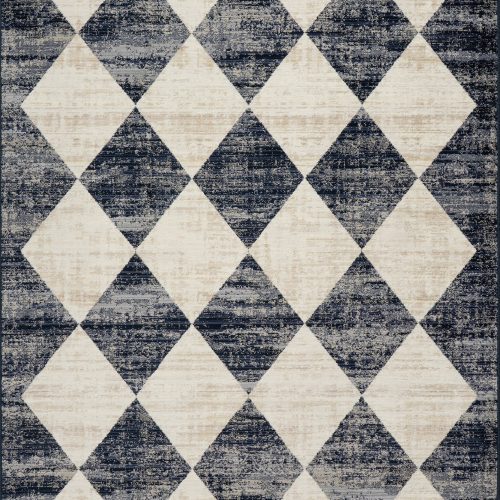 Isolated view of Navy Runner Vanni Checkered Fringed Rug, showcasing its design