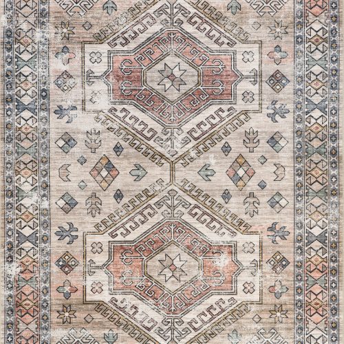 Isolated view of Peach Rectangle Nordic Emblems Spill Proof Washable Rug, showcasing its design