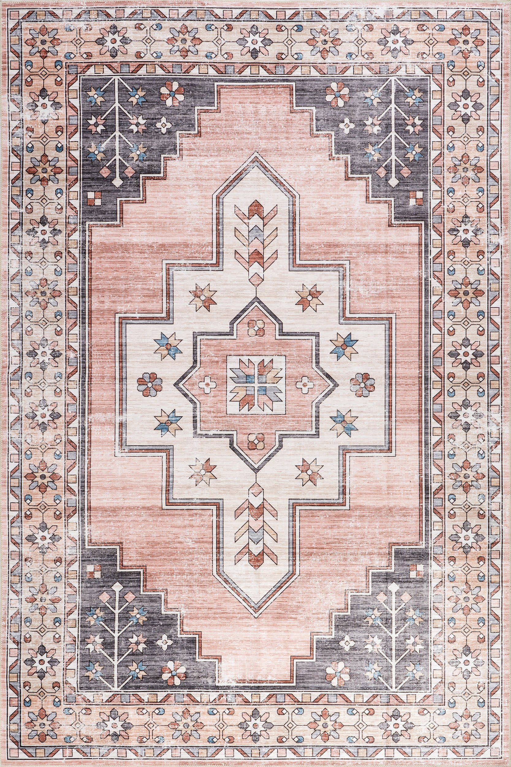 2caaeb2313f3222f53936f88de20179e44e70b02 Isolated view of Blush Rectangle Laurel Medallion Spill Proof Washable Rug, showcasing its design