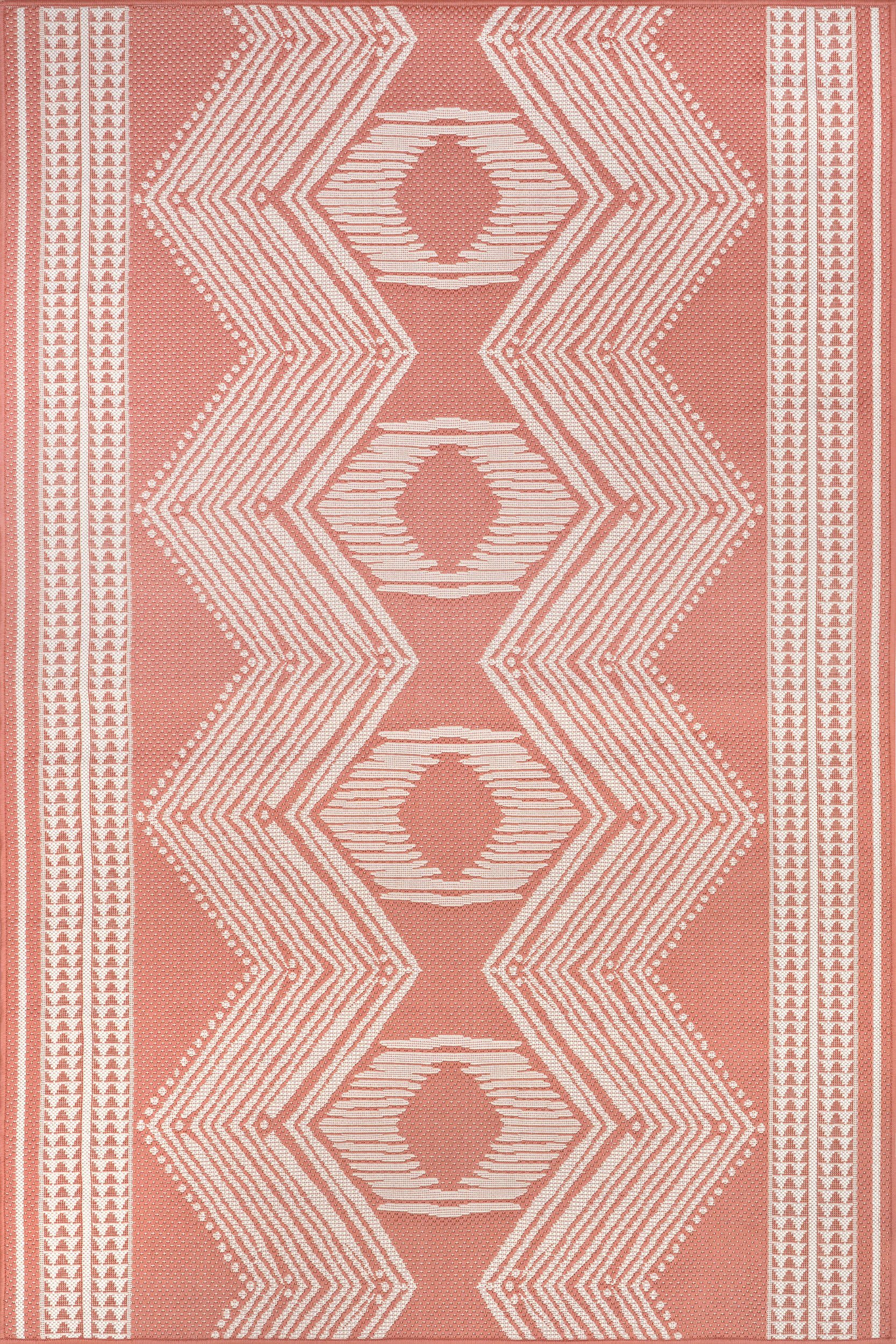45b0f98529a7bf2c2832999e04875ec0cf20f79f Isolated view of Coral Rectangle Iris Totem Indoor/Outdoor Flatweave Rug, showcasing its design