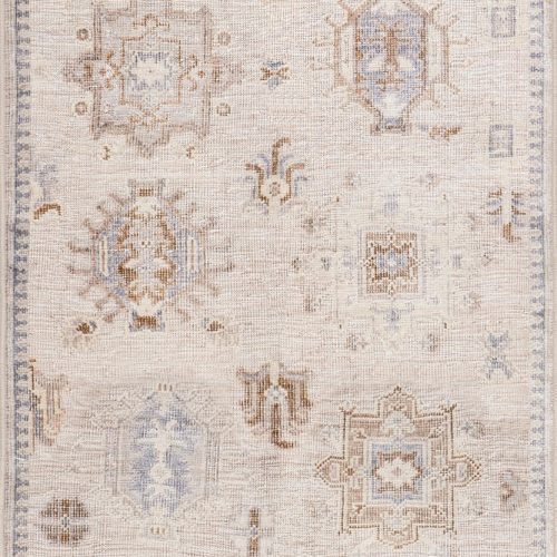 Isolated view of Beige Runner Brenda Hazy Heraldry Spill Proof Washable Rug, showcasing its design