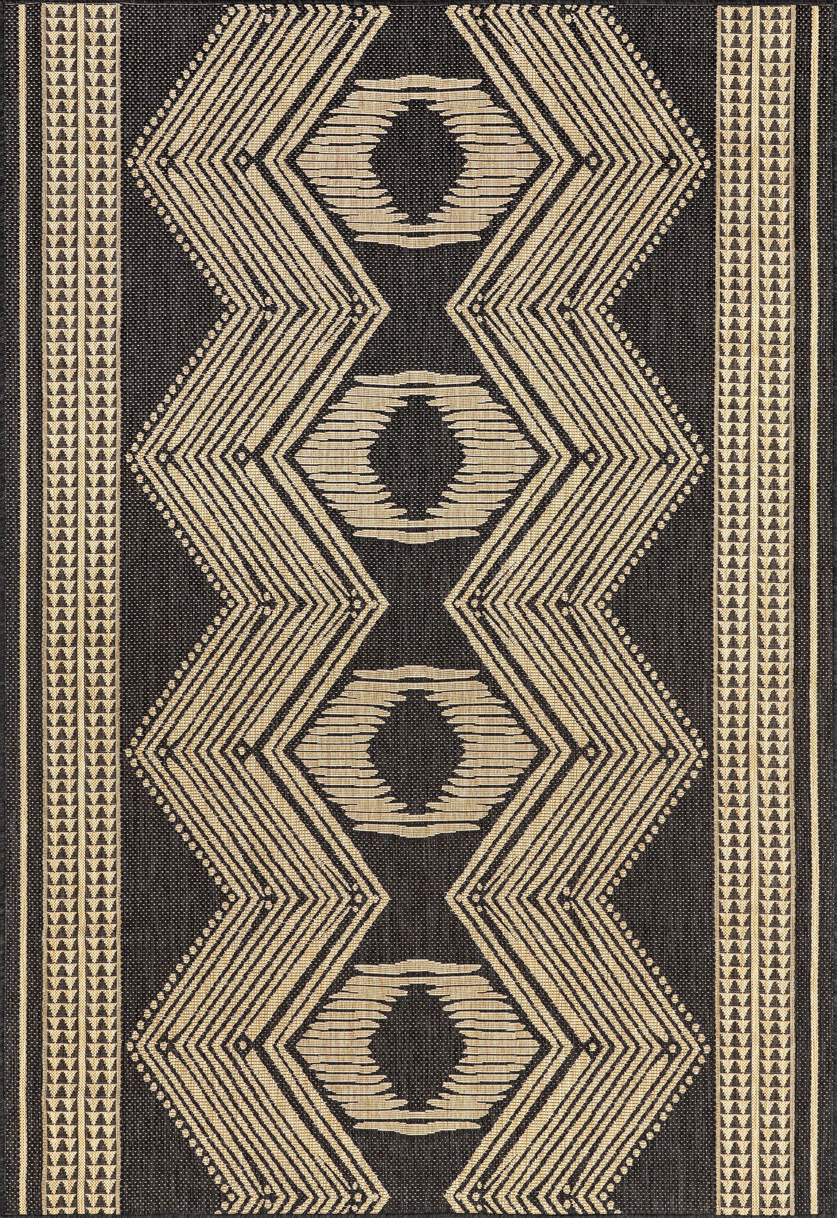 49fa9cd416c4c6e42e4da9087ee96f1c6730b778 Isolated view of Dark Grey Rectangle Iris Totem Indoor/Outdoor Flatweave Rug, showcasing its design