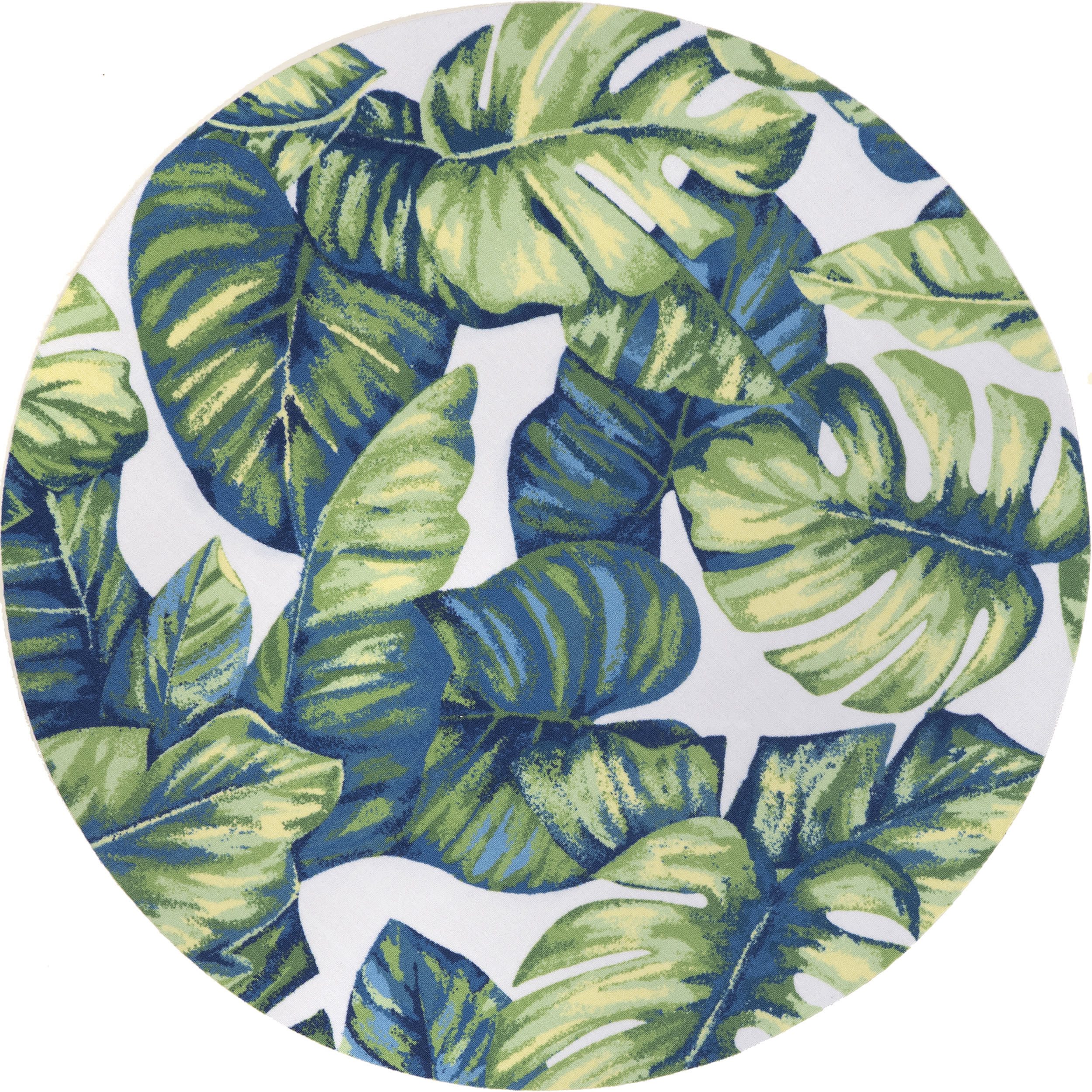 4b579ca307203d8a72a399453424c7bf77023b7d Isolated view of Green Multicolor Round Tropical Foliage Indoor/Outdoor Rug, showcasing its design