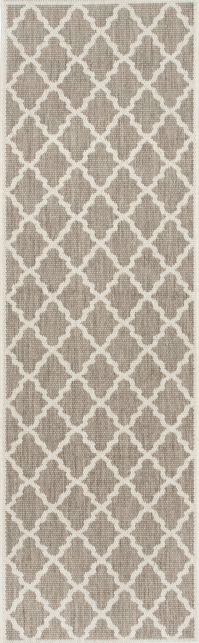 52831cb30b1154f75796e74627e55e30b204a89d Isolated view of Taupe Runner Indoor/Outdoor Moroccan Trellis Rug, showcasing its design