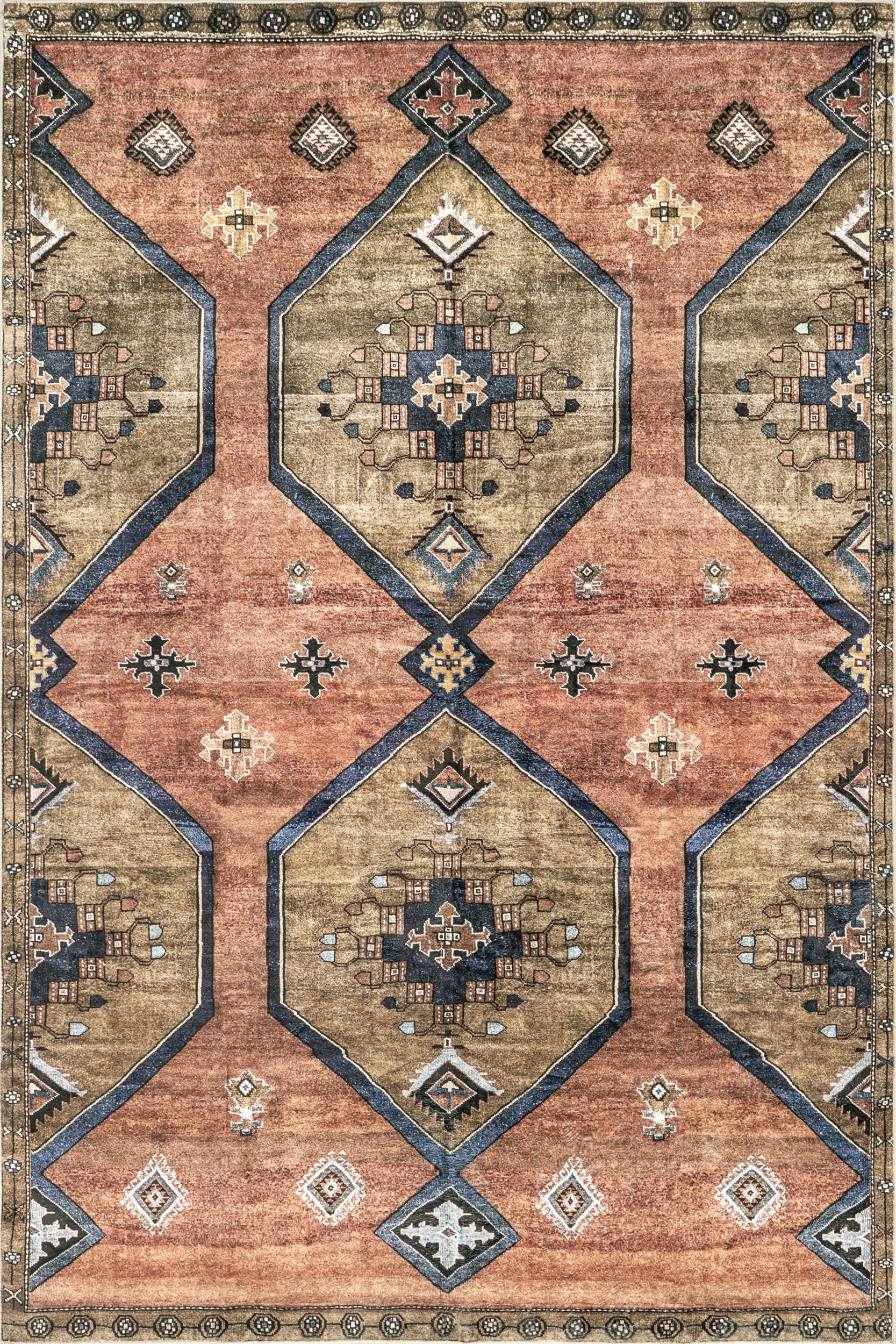 573387feb80112737fbcc721c23cb29f5d56165e Isolated view of Rust Rectangle Katana Collage Washable Rug, showcasing its design