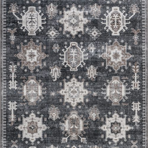 Isolated view of Dark Grey Rectangle Brenda Hazy Heraldry Spill Proof Washable Rug, showcasing its design