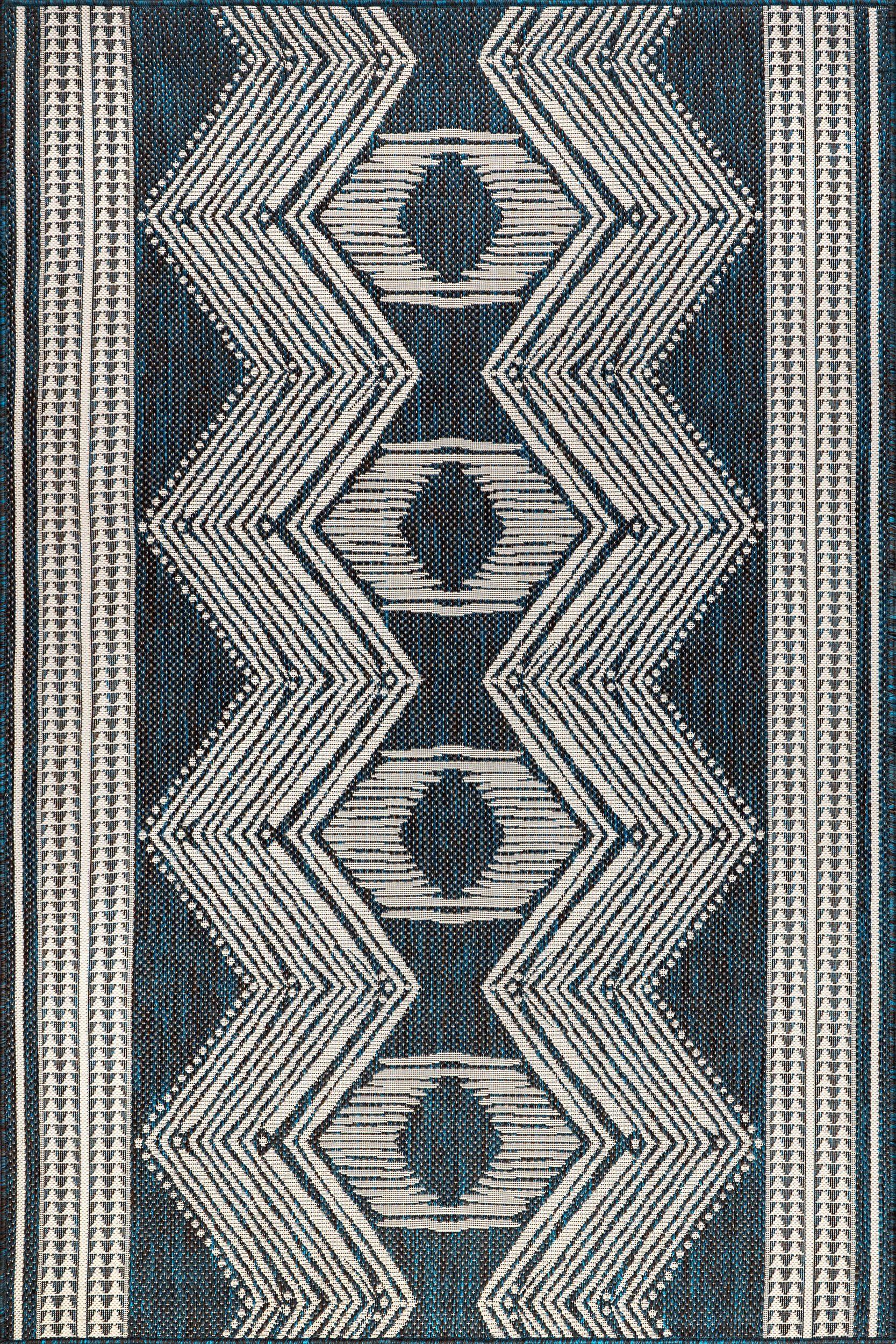 66a6b687b640464ceecfce63a0965628681e27f9 Isolated view of Turquoise Rectangle Iris Totem Indoor/Outdoor Flatweave Rug, showcasing its design