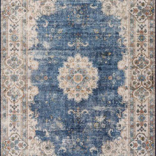 Isolated view of Blue Rectangle Rosette Medallion Spill Proof Washable Rug, showcasing its design