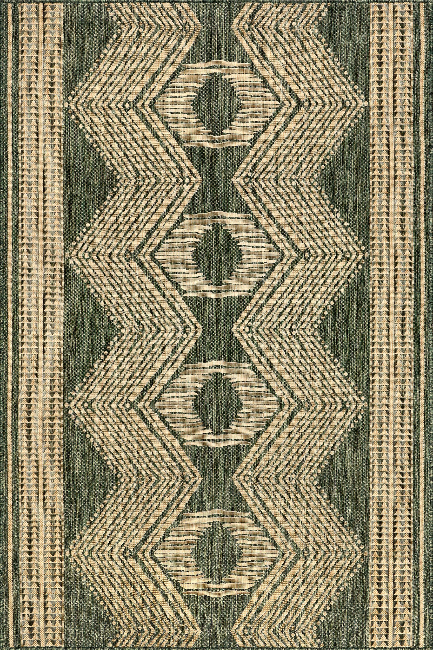83430035017e1d9b22f5970d52e56660e7aa357d Isolated view of Green Rectangle Iris Totem Indoor/Outdoor Flatweave Rug, showcasing its design