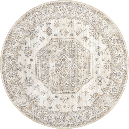 Isolated view of Beige Round Timeless Charm Spill Proof Washable Rug, showcasing its design