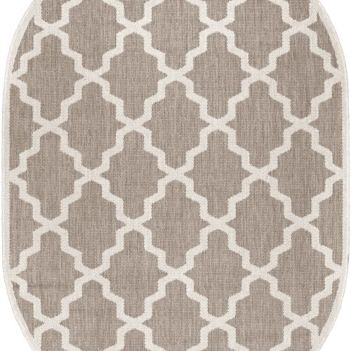 Isolated view of Taupe Oval Indoor/Outdoor Moroccan Trellis Rug, showcasing its design