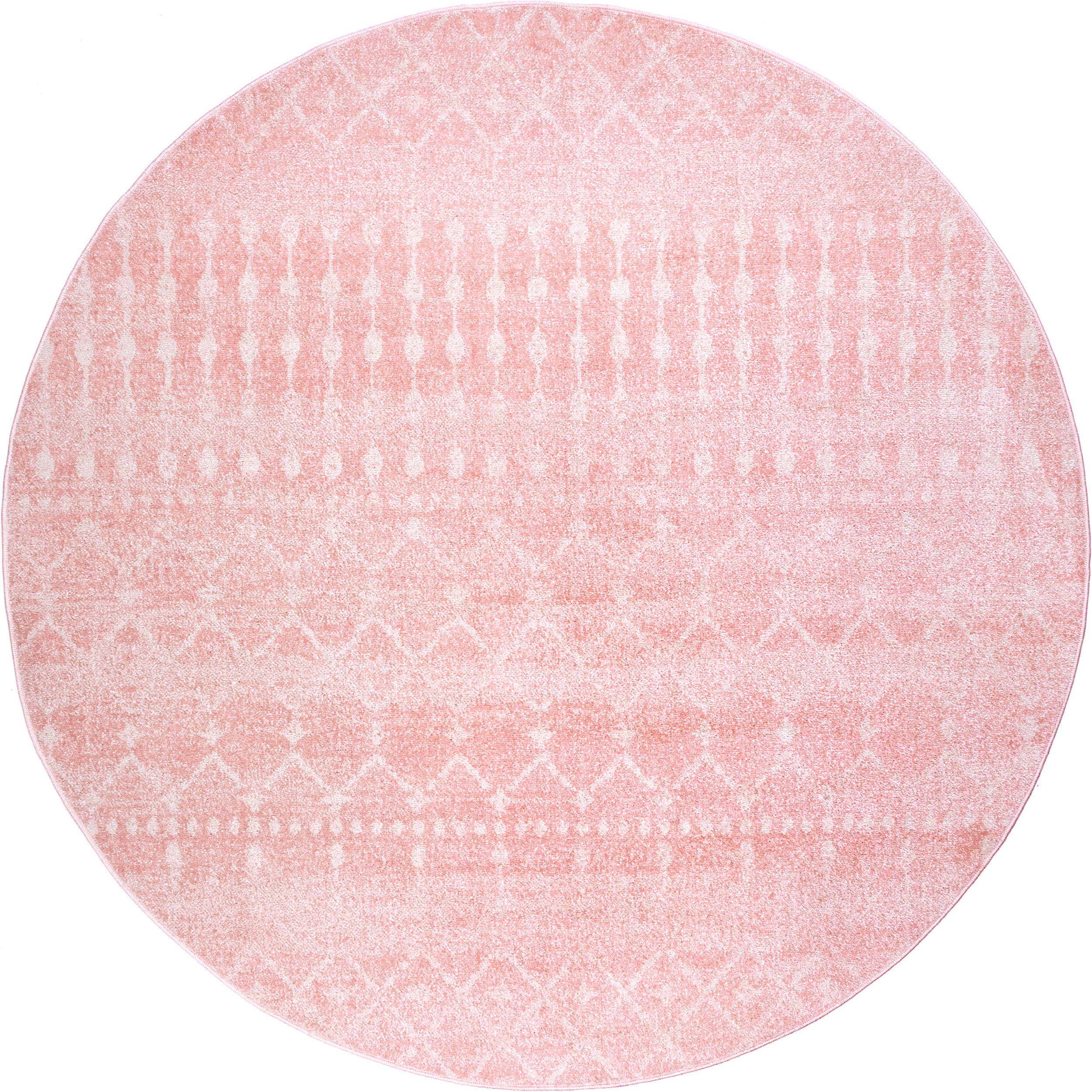 89da3c3272b067cd7a595cc91f88623c1a934440 Isolated view of Pink Round Moroccan Trellis Rug, showcasing its design
