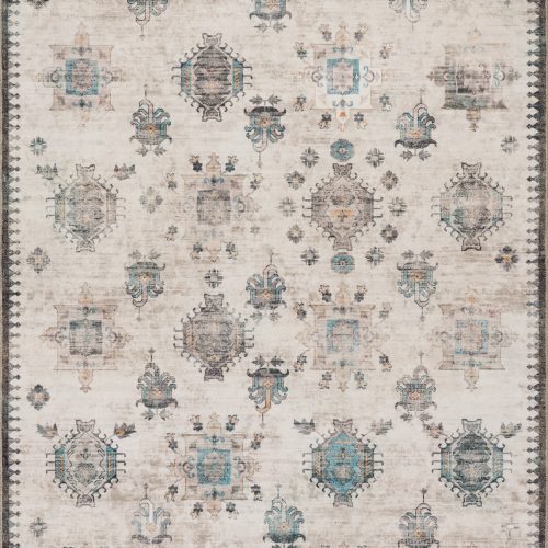 Isolated view of Ivory Rectangle Brenda Hazy Heraldry Spill Proof Washable Rug, showcasing its design