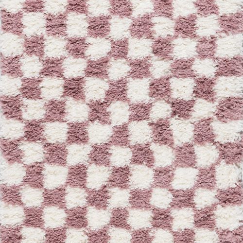 Isolated view of Pink Runner Bettie Retro Checkered Shag Rug, showcasing its design