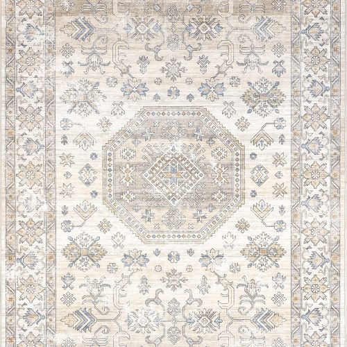 Isolated view of Beige Rectangle Timeless Charm Spill Proof Washable Rug, showcasing its design
