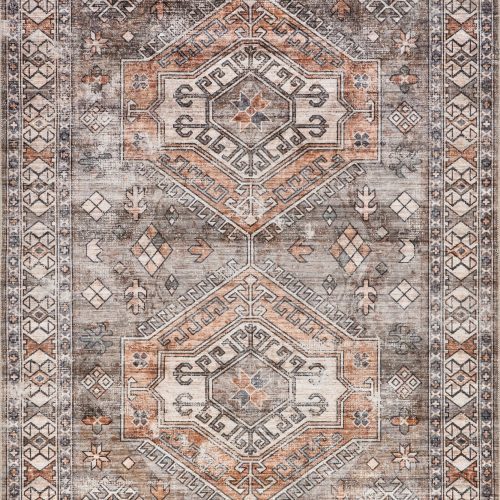 Isolated view of Brown Rectangle Nordic Emblems Spill Proof Washable Rug, showcasing its design