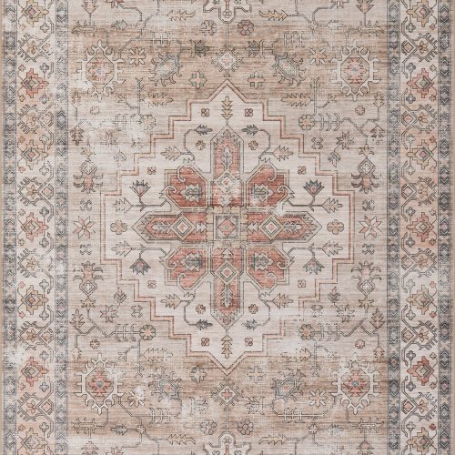 Isolated view of Beige Rectangle Mara Medallion Spill Proof Washable Rug, showcasing its design