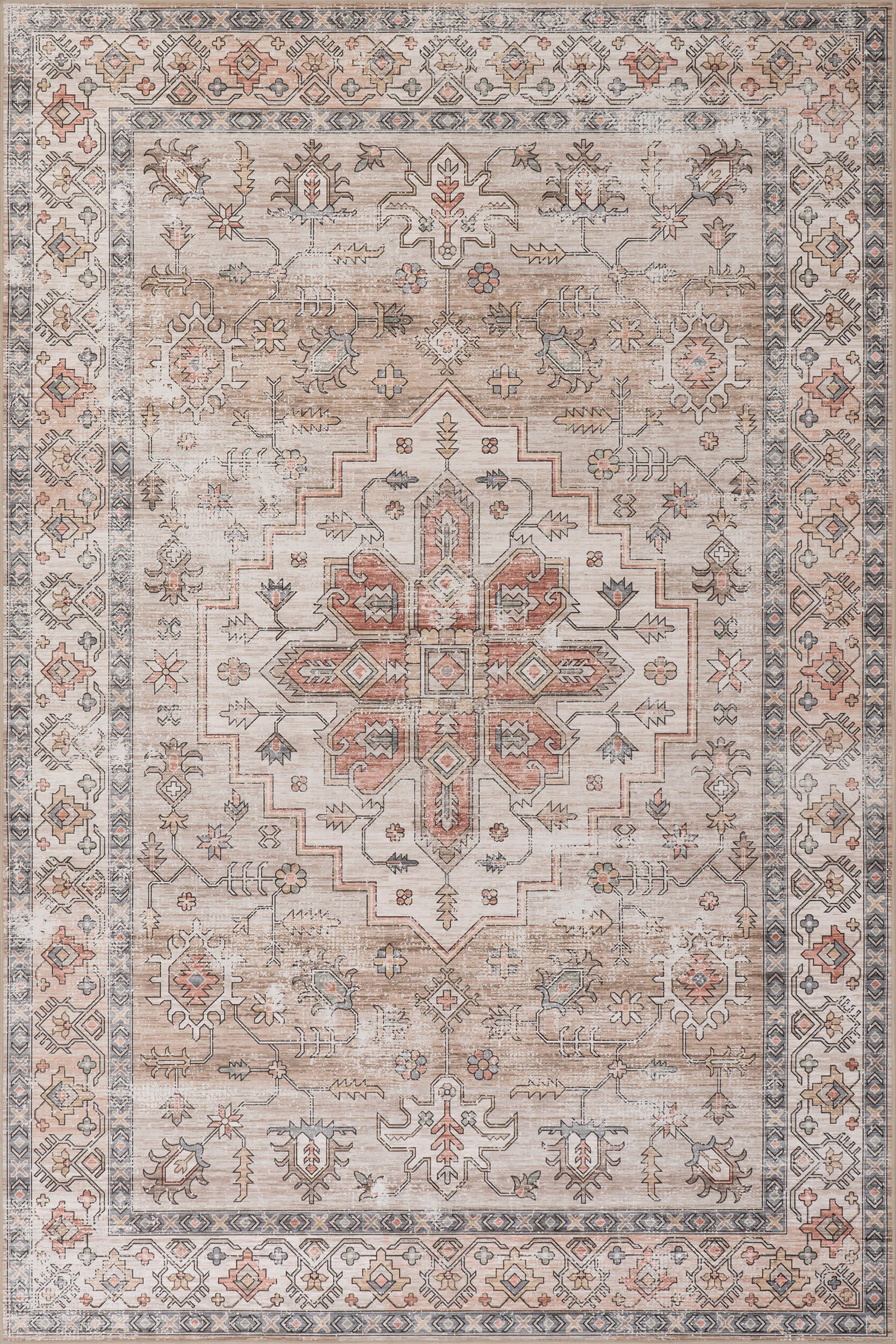 a51dee22f6178b6d0aa2fadfa5f0e70c2e313f88 Isolated view of Beige Rectangle Mara Medallion Spill Proof Washable Rug, showcasing its design