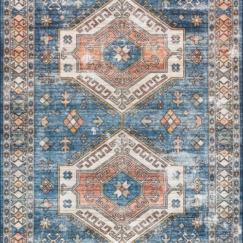 Isolated view of Blue Rectangle Nordic Emblems Spill Proof Washable Rug, showcasing its design