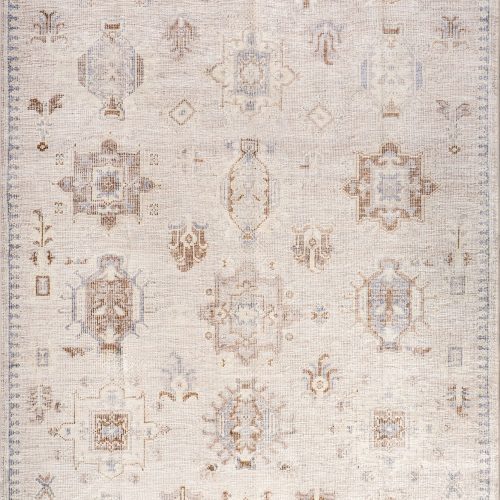 Isolated view of Beige Round Brenda Hazy Heraldry Spill Proof Washable Rug, showcasing its design
