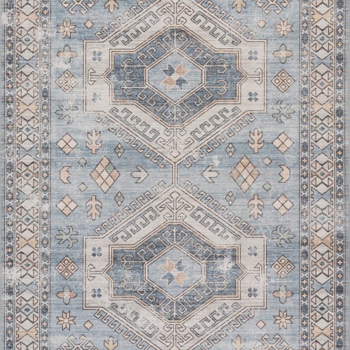 Isolated view of Light Blue Rectangle Nordic Emblems Spill Proof Washable Rug, showcasing its design