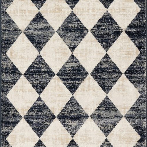 Isolated view of Navy Runner Vanni Checkered Fringed Rug, showcasing its design