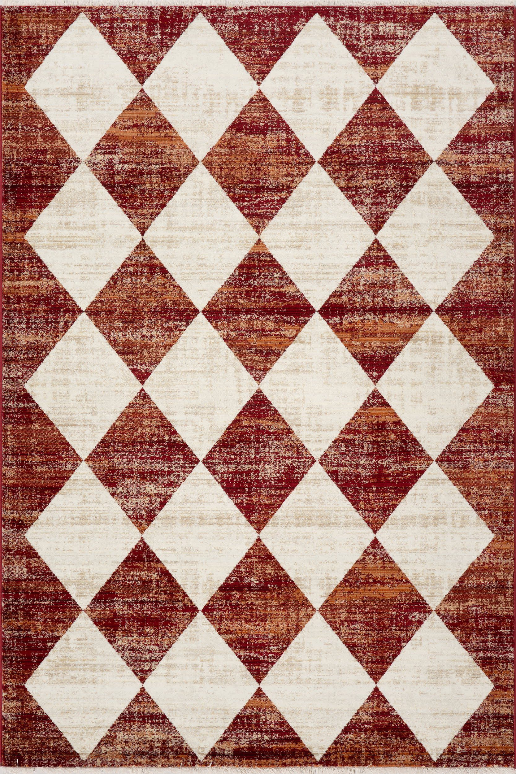 c5020aa15144c00396caa3cb9d4479317e990d38 Isolated view of Red Rectangle Vanni Checkered Fringed Rug, showcasing its design