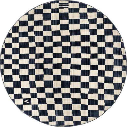 Isolated view of Navy Round Rasali Checkered Box Rug, showcasing its design