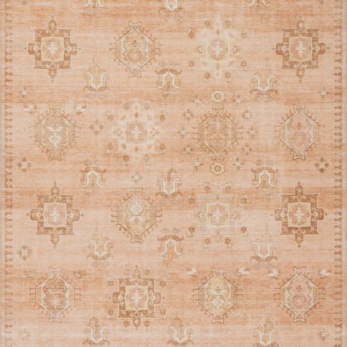Isolated view of Peach Rectangle Brenda Hazy Heraldry Spill Proof Washable Rug, showcasing its design