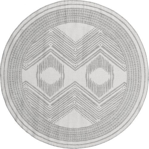 Isolated view of Light Grey Round Iris Totem Indoor/Outdoor Flatweave Rug, showcasing its design