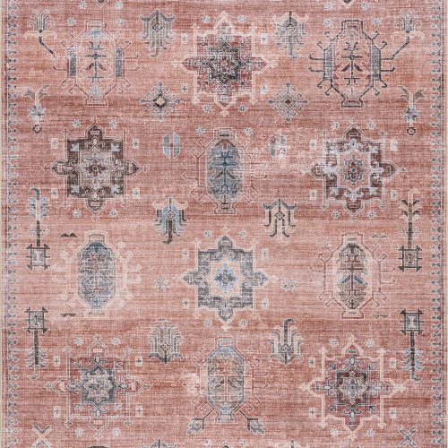 Isolated view of Pink Rectangle Brenda Hazy Heraldry Spill Proof Washable Rug, showcasing its design