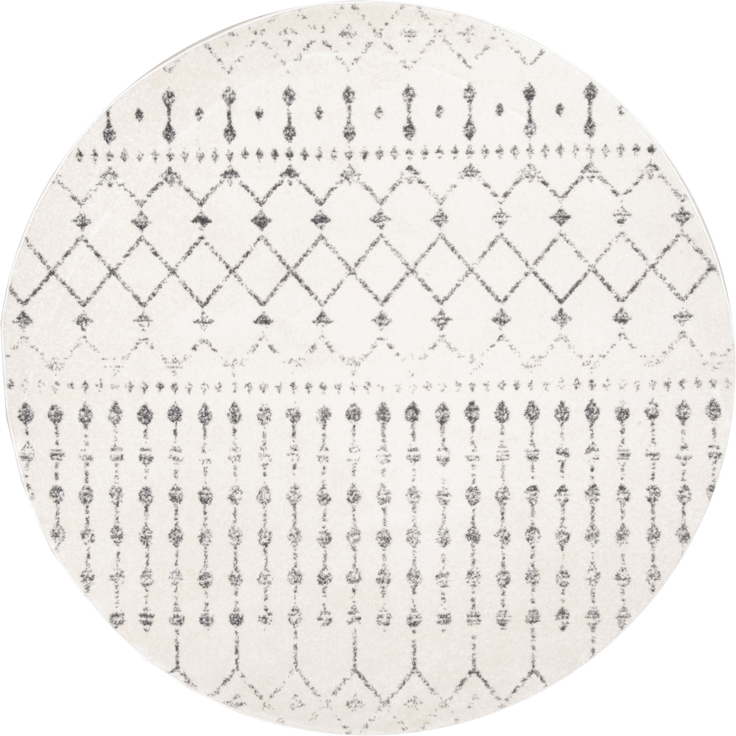 e3c804ecf13674db1d0987ae6d3ccff32a55f4f2 Isolated view of Grey Round Moroccan Trellis Rug, showcasing its design