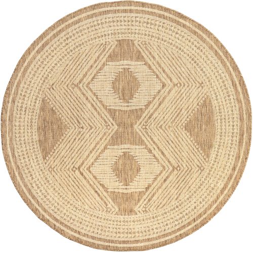 Isolated view of Light Brown Round Iris Totem Indoor/Outdoor Flatweave Rug, showcasing its design