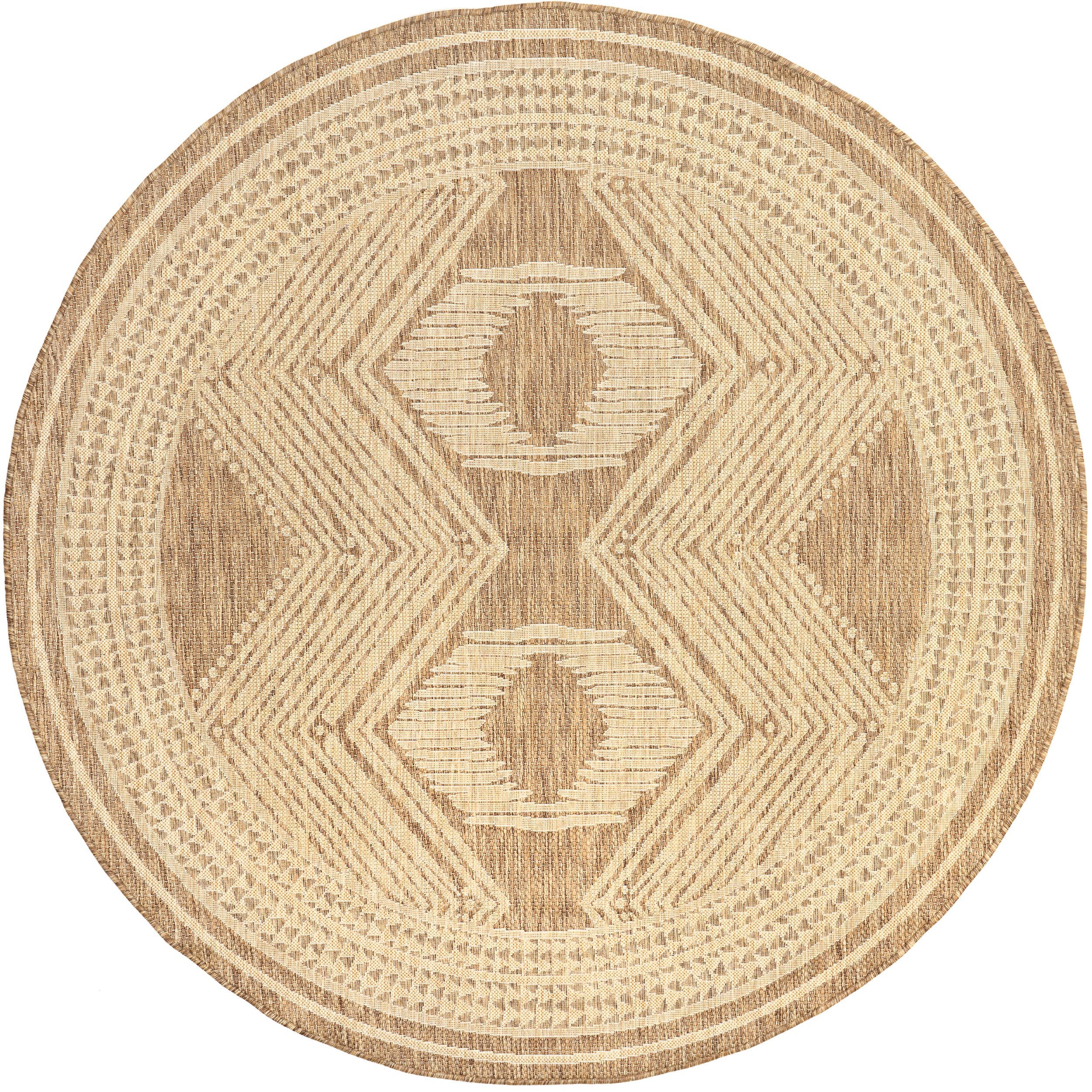 e78f9bbd96884621159747368098bd4b564f2f31 Isolated view of Light Brown Round Iris Totem Indoor/Outdoor Flatweave Rug, showcasing its design