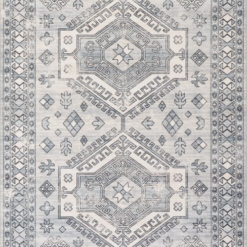 Isolated view of Light Grey Rectangle Nordic Emblems Spill Proof Washable Rug, showcasing its design