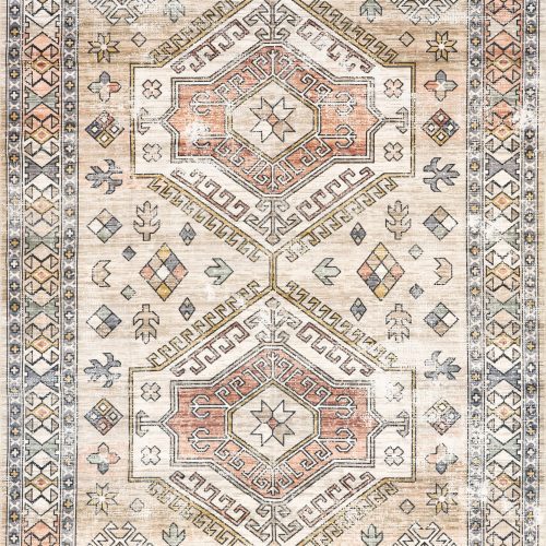 Isolated view of Peach Rectangle Nordic Emblems Washable Rug, showcasing its design