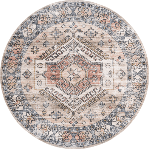 Isolated view of Peach Round Nordic Emblems Spill Proof Washable Rug, showcasing its design