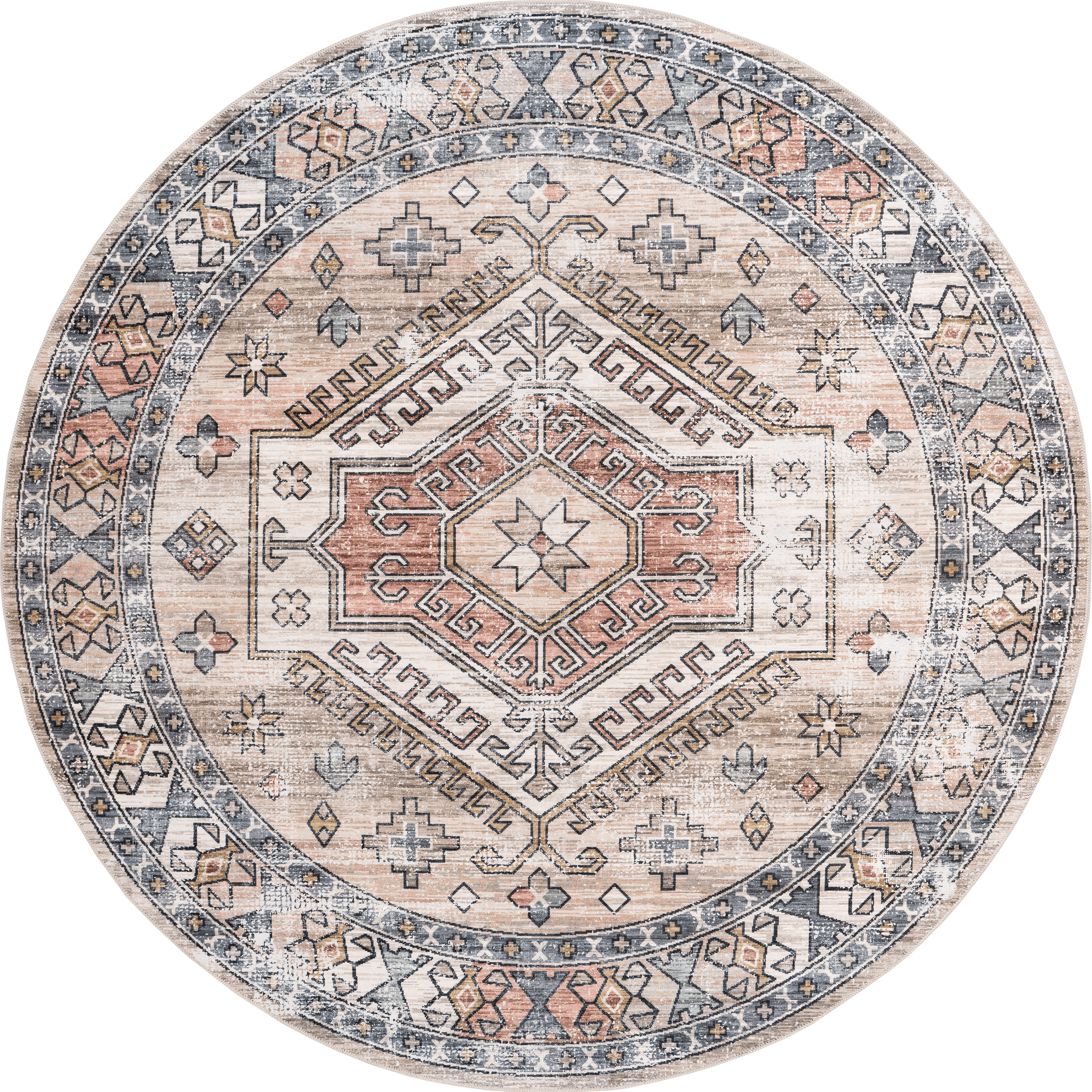 eb7b1373b0c6b10b050c1e49f684851de4115bb1 Isolated view of Peach Round Nordic Emblems Spill Proof Washable Rug, showcasing its design