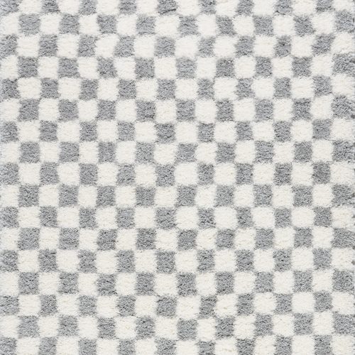 Isolated view of Light Grey Rectangle Bettie Retro Checkered Shag Rug, showcasing its design