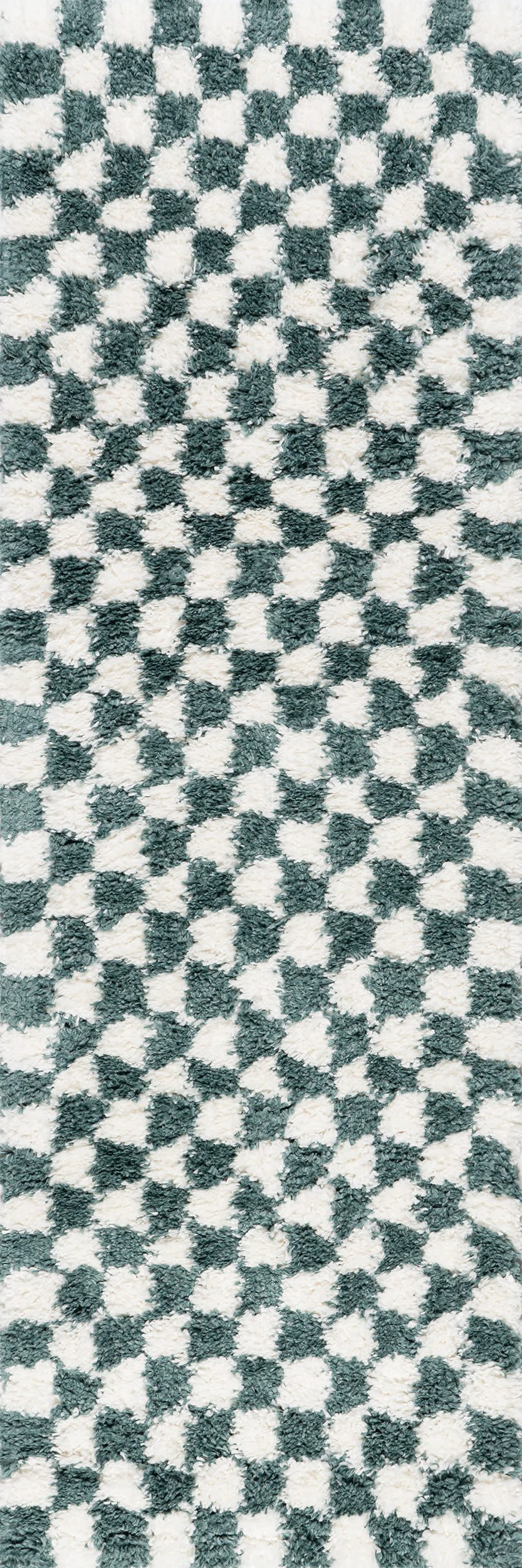 f4bcf197450d1a34c9fec0b9de55aa5923206ccc Isolated view of Green Runner Bettie Retro Checkered Shag Rug, showcasing its design