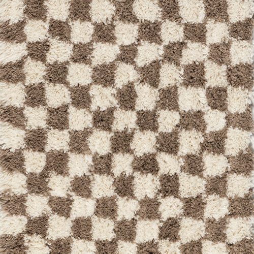 Isolated view of Beige Runner Bettie Retro Checkered Shag Rug, showcasing its design