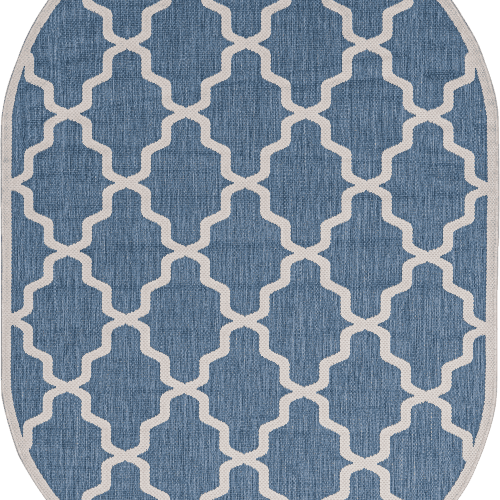 Isolated view of Blue Oval Indoor/Outdoor Moroccan Trellis Rug, showcasing its design