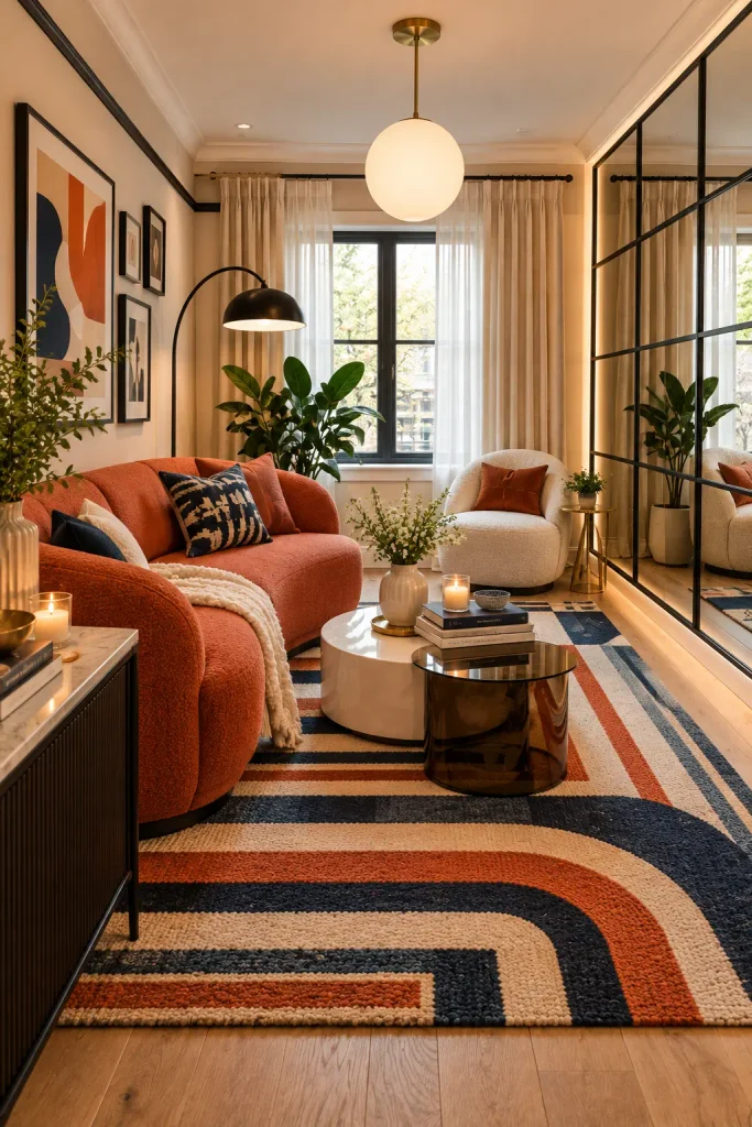 Small living room layout with a mirrored wall, coral curved sofa, white boucle chair and a bold striped rug